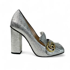 GUCCI Galassia GG Marmont Fringe Crackle Leather Block Heels